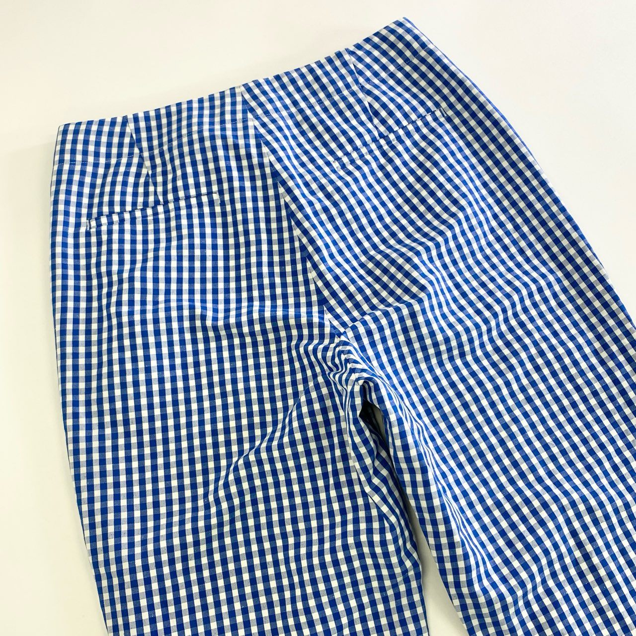 52k9 《美品》定価¥50,600 Drawer ドゥロワー ギンガムチェックステッチパンツ 38 ブルー リネン混 日本製 UNITED ARROWS