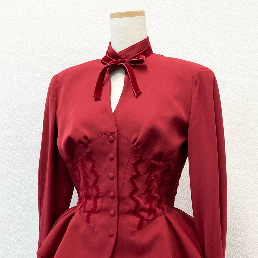 63d8-3 Thierry mugler ティエリー ミューグレー ジャケット/スカート スーツ セットアップ レースアップ フレア ボウタイ 変形デザイン サイズ9AR/63-90 レッド ウール100% レディース 日本製