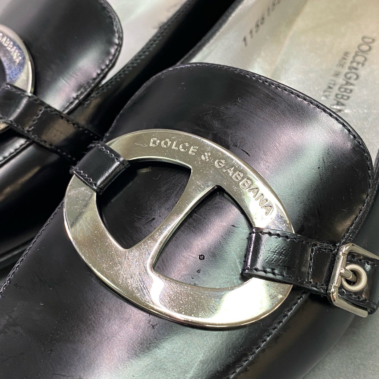 1c3 DOLCE&GABBANA ドルチェアンドガッバーナ スクエアトゥ レザーシューズ ドレスシューズ メタルプレート イタリア製 レディース 36 ブラック 本革