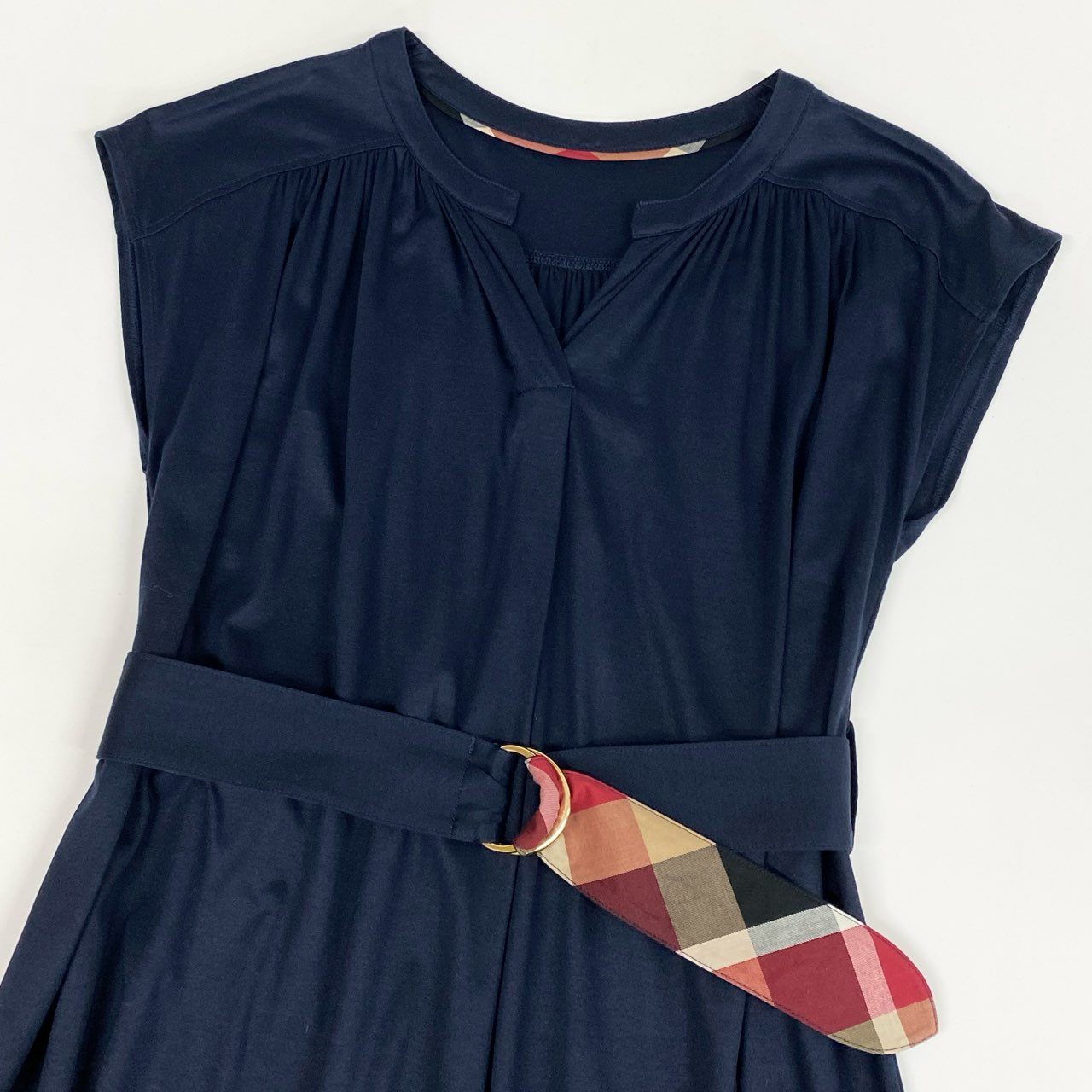 79j9 BLUE LABEL CRESTBRIDGE ブルーレーベル クレストブリッジ ノーカラーワンピース シャツワンピース 半袖 伸縮ストレッチ◎ レディース 女性用 38 ネイビーu02t