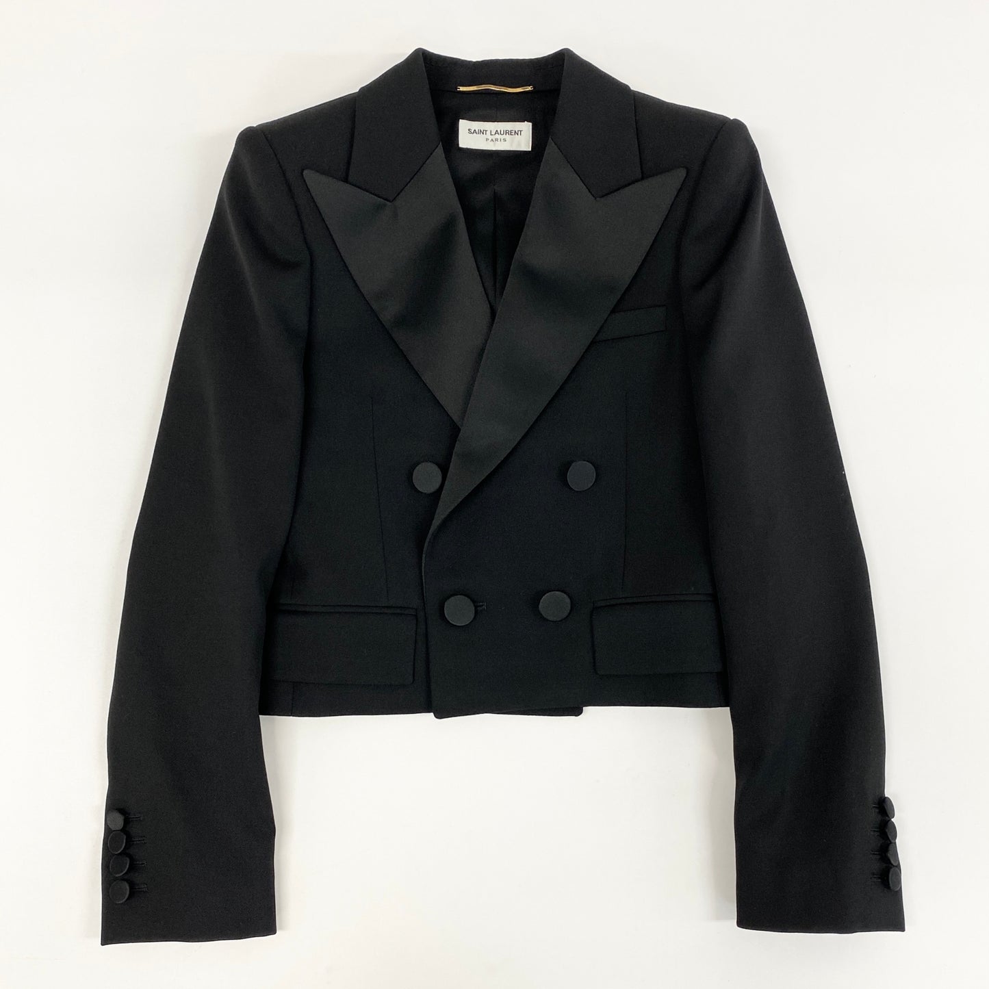 17h20《美品》 SAINT LAURENT PARIS サンローラン パリ テーラードジャケット クロップド ダブル サテンラペル 2023年 759697 サイズ36 ブラック レディースk02i