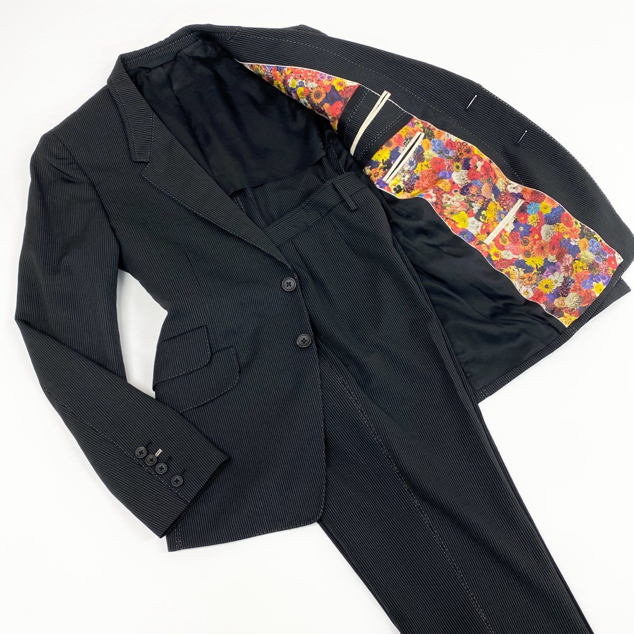 51a15 Paul Smith COLLECTION ポールスミスコレクション 裏地花柄 シングルスーツ セットアップ テーラードジャケット/スラックス サイズM ブラック ストライプ メンズ 日本製