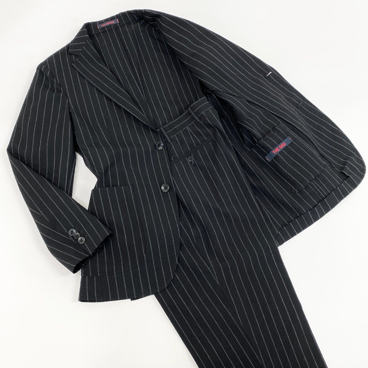 55f5 《美品》 THE GIGI ザ ジジ ストレッチ シアサッカーストライプ セットアップスーツ テーラードジャケット ブレザー スラックス トラウザーパンツ イタリア製 M217 44 ブラック