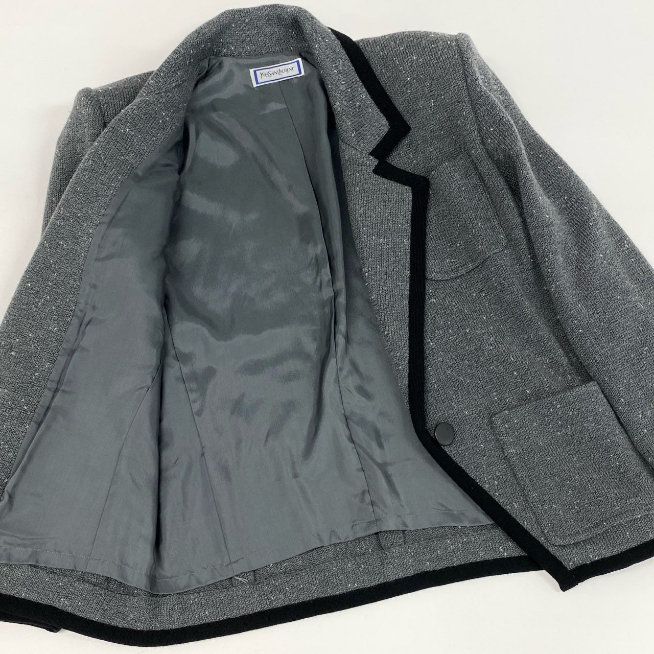 75i8 Yves Saint Laurent イヴサンローラン テーラードジャケット スカート セットアップ ニットジャケット ブレザー Mサイズ グレー ウール レディースo07t