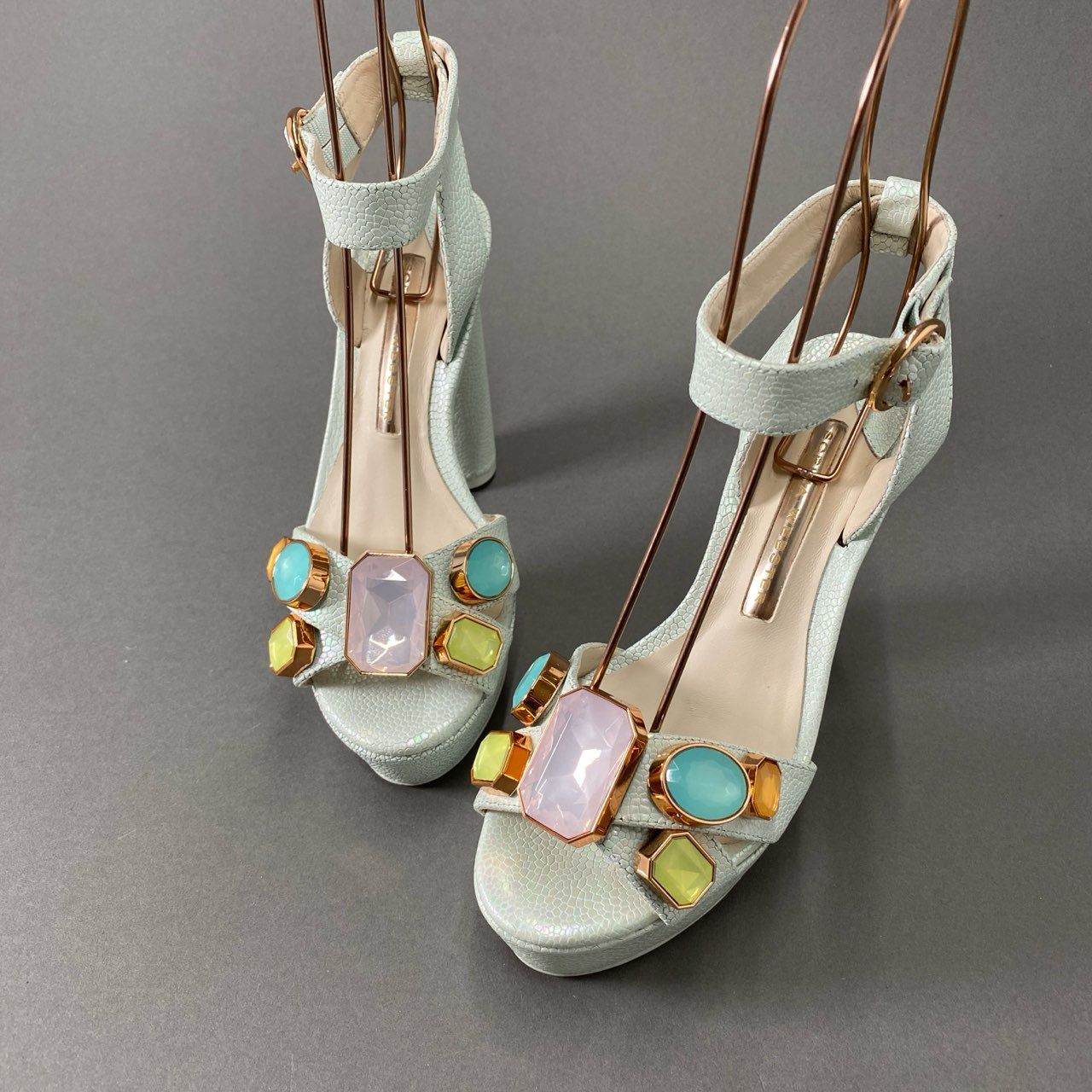 3f18 《未使用保管品》 SOPHIA WEBSTER ソフィア ウェブスター ビジューハイヒールサンダル 35 1/2 ブルー レザー カラーストーン シューズ