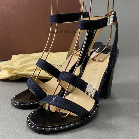 9f18 LOUIS VUITTON ルイヴィトン モノグラム スタッズ アンクルストラップ ヒールサンダル 35 ブラック レザー イタリア製 パンプス