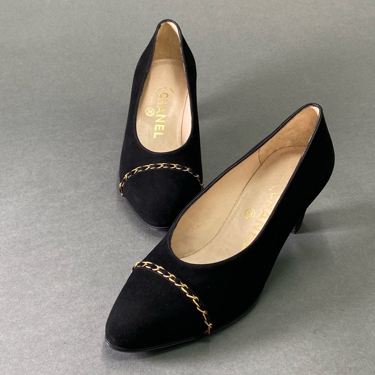 4e2 《美品》 CHANEL シャネル チェーントゥ スエードパンプス 36 1/2 ブラック レザー シューズ イタリア製 レトロ ヴィンテージ