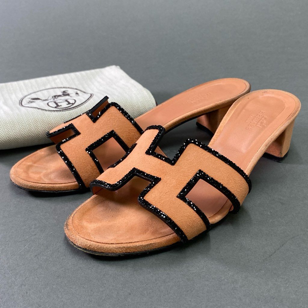 6d5 HERMES エルメス オアジス グリッター スエードサンダル 35 1/2 サーモンピンク レザー ラメ シューズ ミュール オランH
