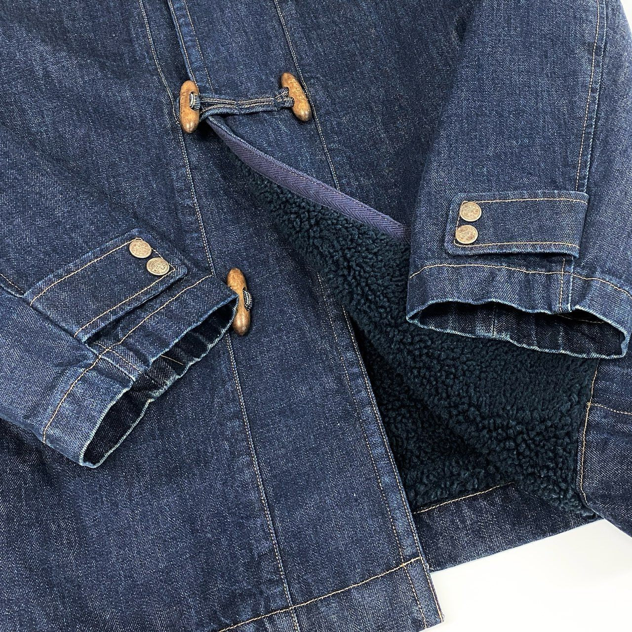 17e7 Papas パパス デニム ダッフルコート ロゴ刺繍 トグルボタン アウター フーディ カバーオール 50 Lサイズ インディゴ コットン