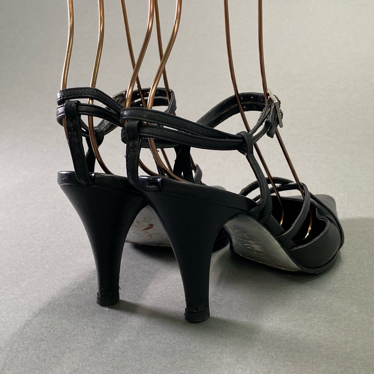 3d14 CHANEL シャネル ラインストーン ダブルストラップ パンプス 34 1/2 ブラック レザー シューズ イタリア製