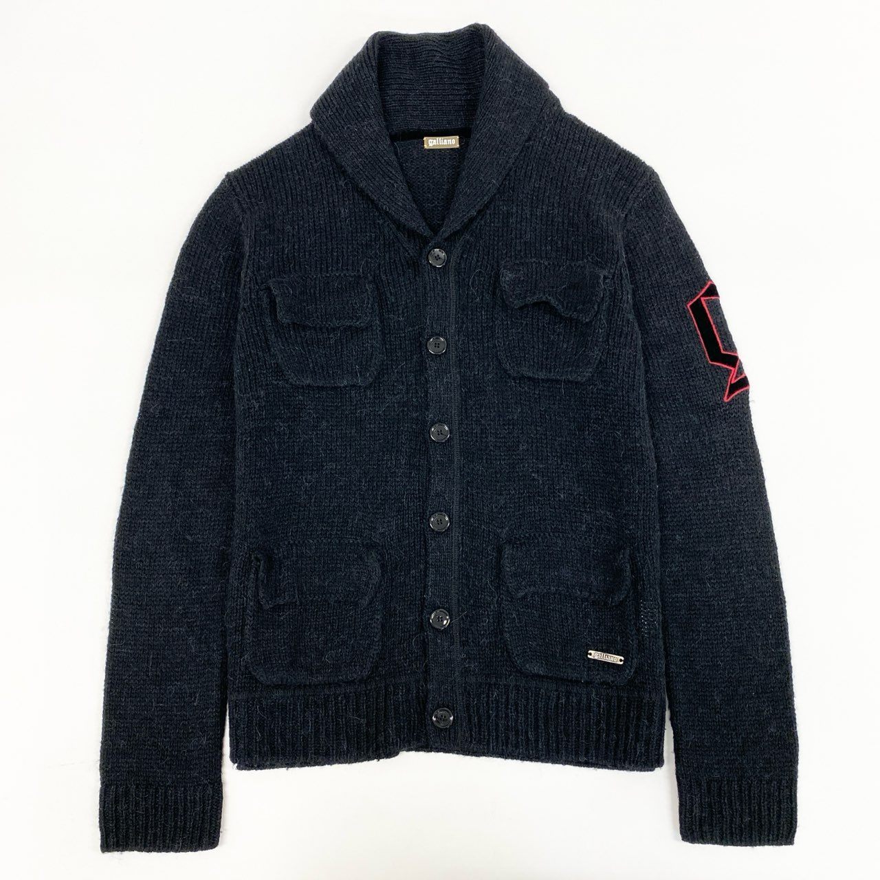 21h9《美品》 galliano ガリアーノ ワッペン付き ショールカラー ニットカーディガン M ブラック アルパカ混 セーターt18r