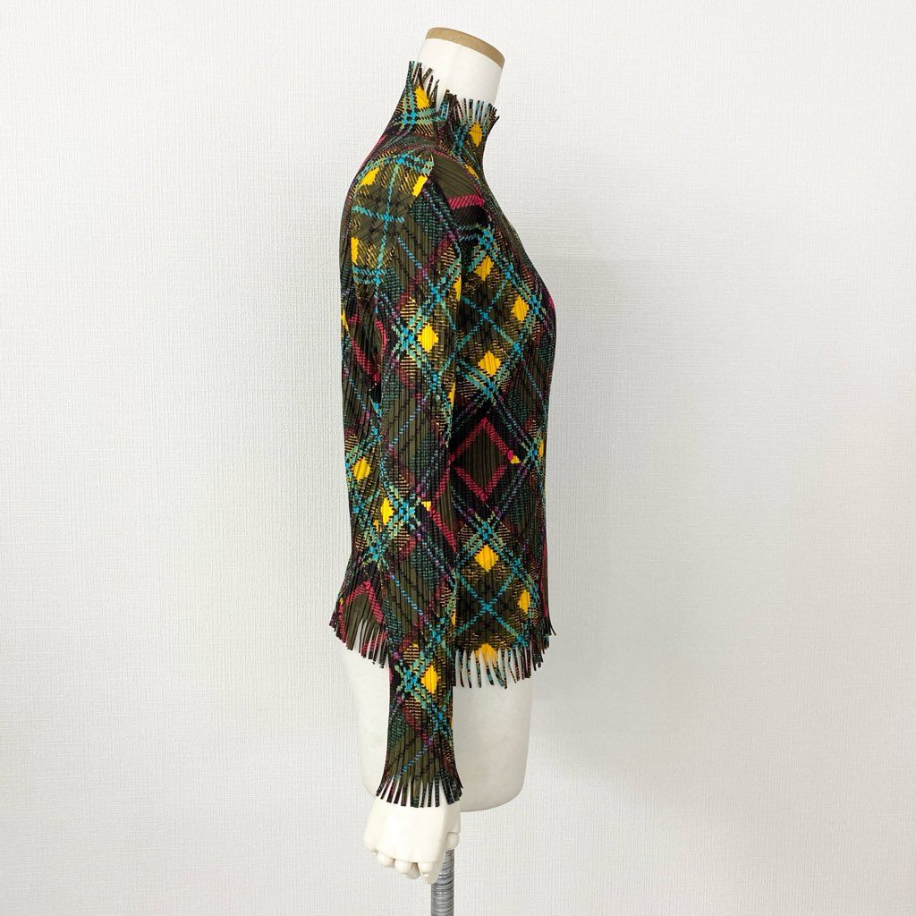 33d7 《美品》 PLEATS PLEASE ISSEY MIYAKE プリーツプリーズ イッセイミヤケ 日本製 PP73-JK662 総柄 ハイネック 長袖プリーツカットソー フリンジ ロングスリーブ トップス 3 マルチカラー秋