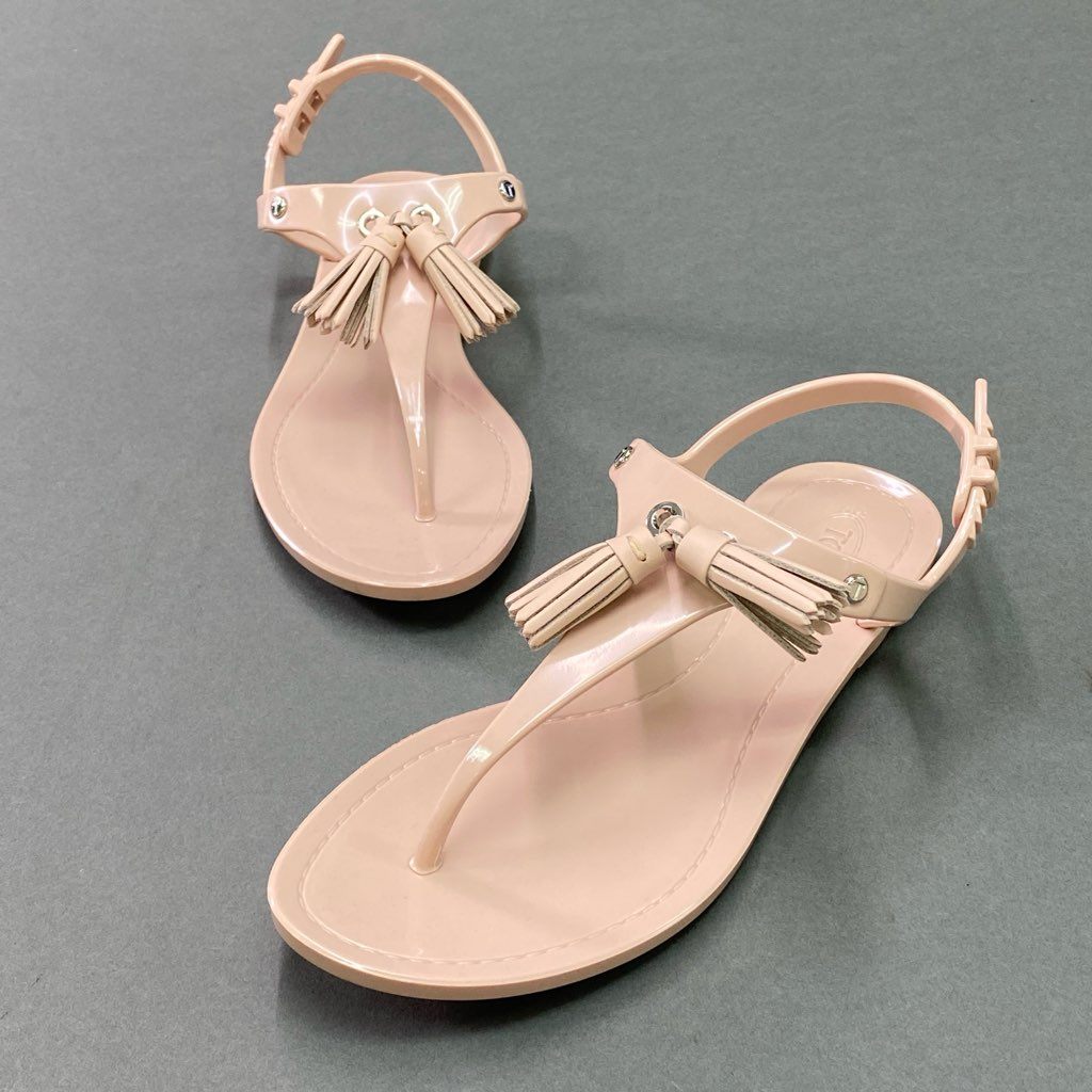 4d7 【美品】 TODS トッズ トングサンダル タッセル レザーサンダル ラバー バックストラップ レディース シューズ 37 ライトピンク