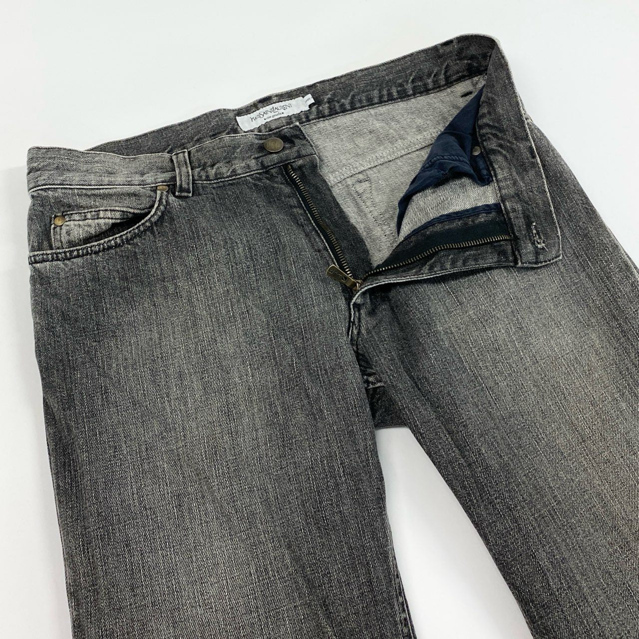 13f12 Yves SAINT LAURENT rive gauche イヴサンローラン リブゴーシュ YSLデカロゴ ブラックデニム ジーパン 5ポケット サイズ48 グレー系 コットン100 メンズ イタリア製