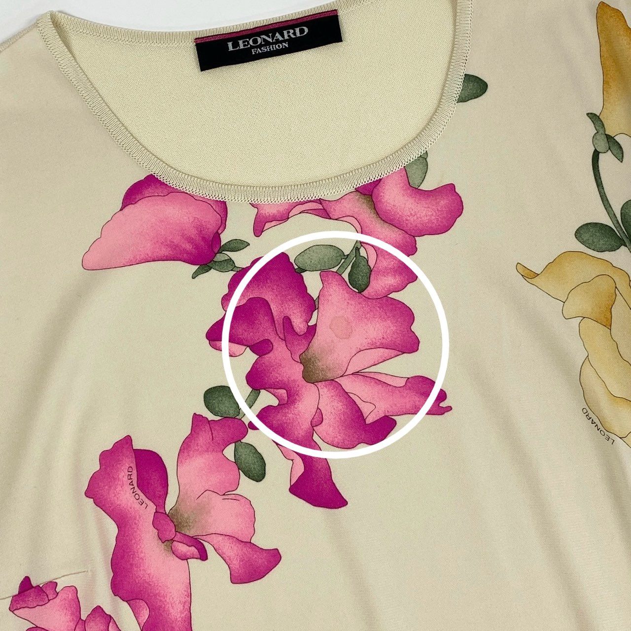 4k7 LEONARD FASHION レオナール ニットセーター 半袖ニット 美しい花柄プリント 切替ニット カンカン素材 レディース 女性用 L アイボリーo07t