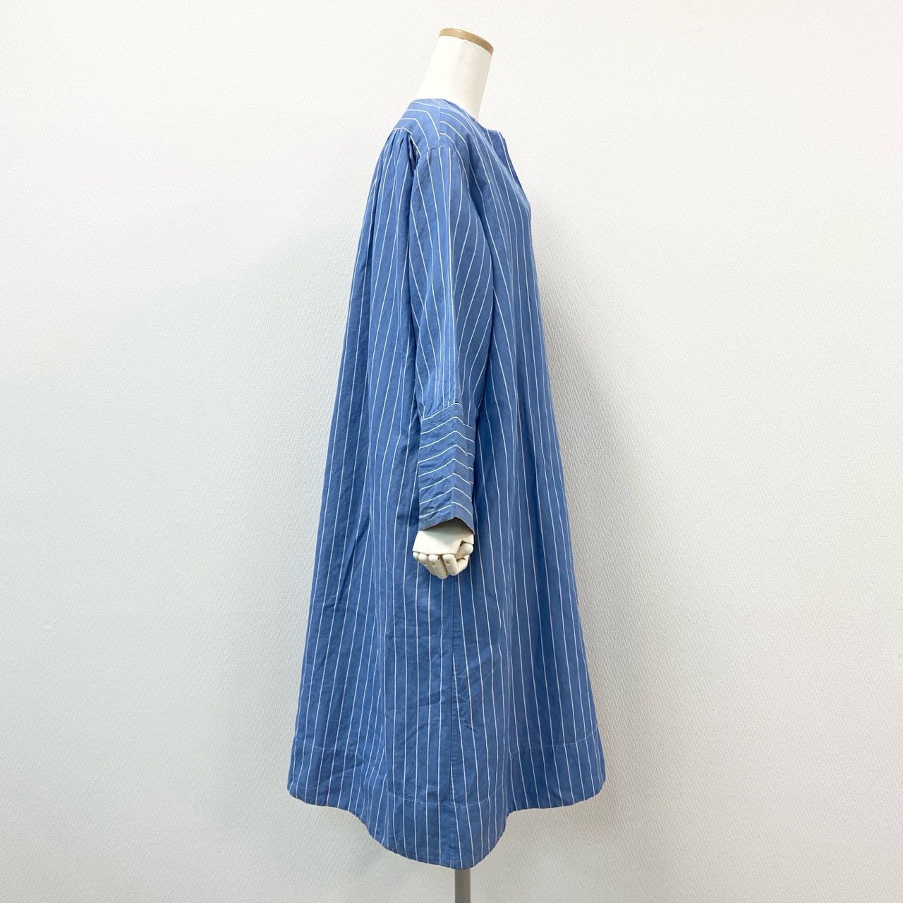 68g24 Scye サイ 完売品 COTTON LINEN DR 半袖ワンピース ロングワンピース ストライプ 1221-01050 サイズ36 ブルー ホワイト コットン リネン レディース 日本製_