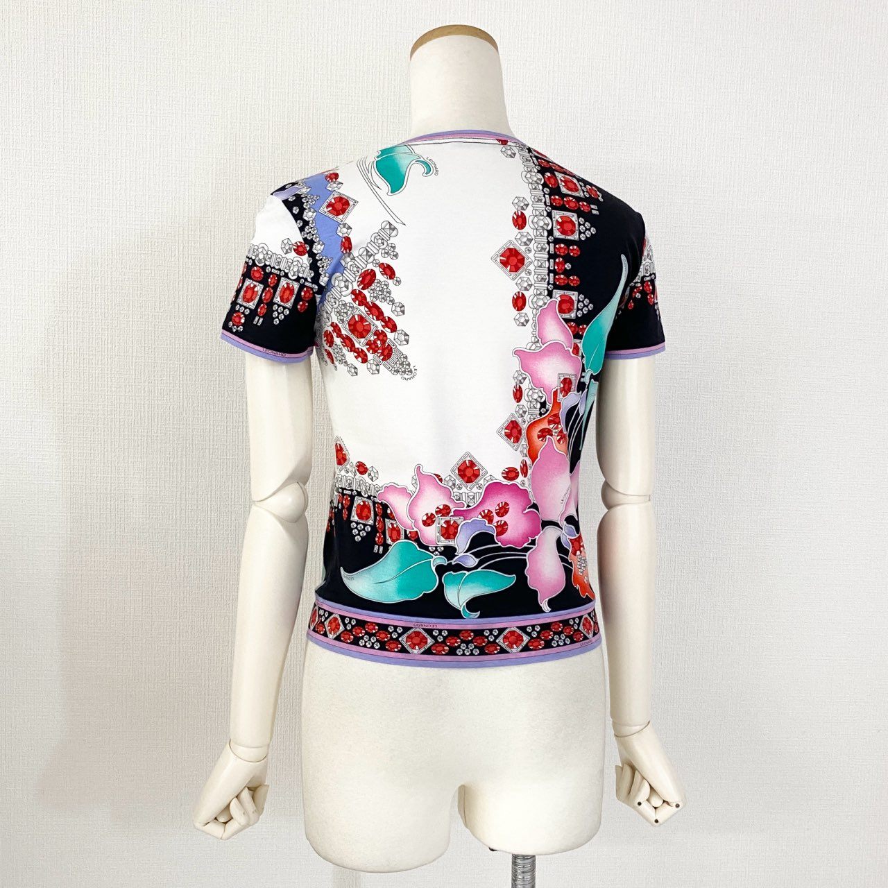 57e25 《美品》 LEONARD レオナール 半袖Tシャツ カットソー トップス 美しい花柄プリント サイズM マルチカラー コットン100% レディース 日本製