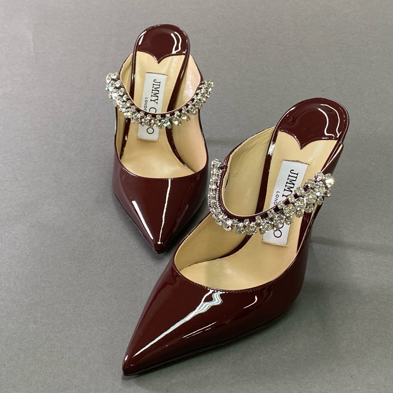 1d15 JIMMY CHOO ジミーチュウ ビング BING クリスタルビジューストラップ ミュール パンプス シューズ 34 ボルドー パテントレザー