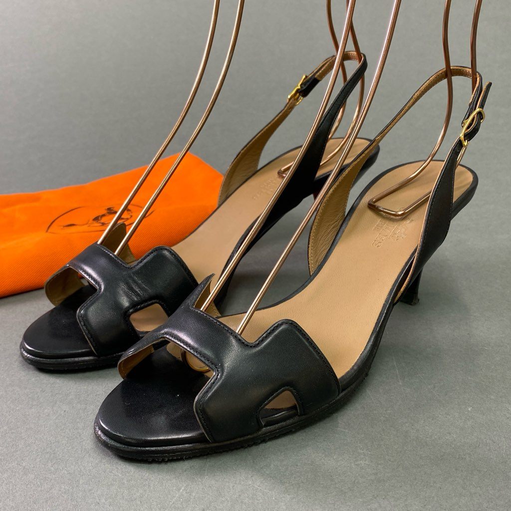 6d6 《美品》 HERMES エルメス Hロゴ ナイト サンダル 35 1/2 ブラック レザー オアジス オランH シューズ イタリア製 夏