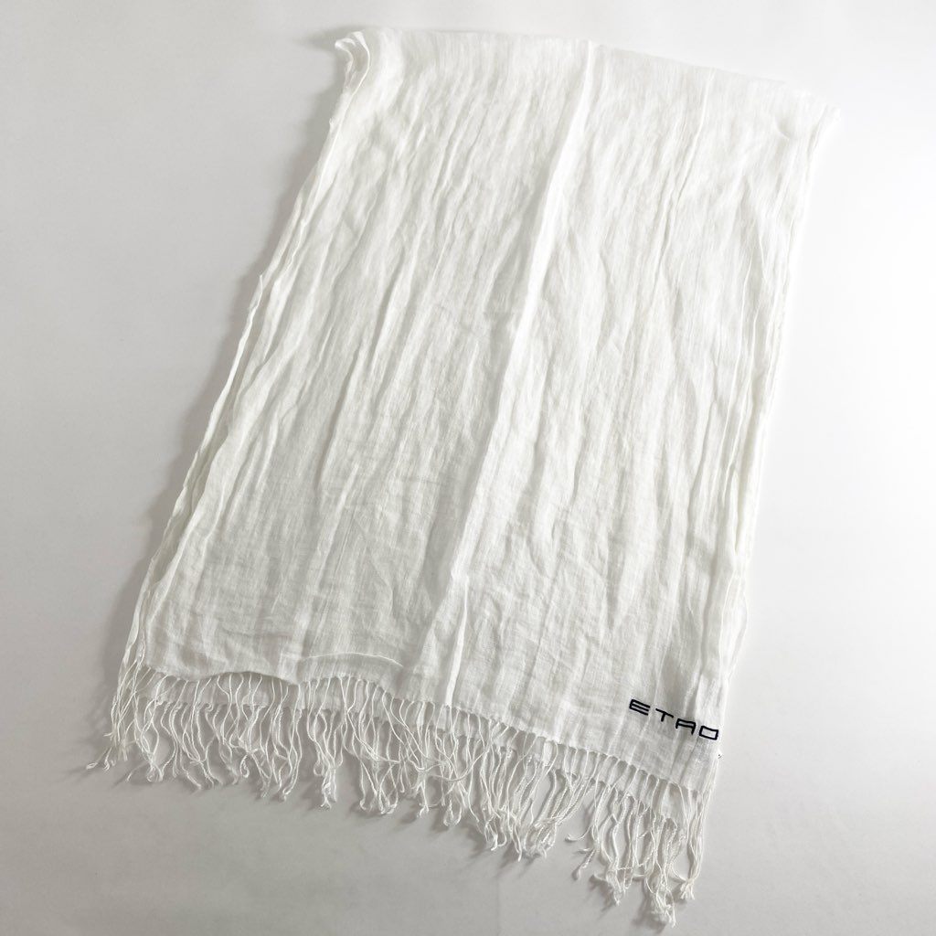 3f8 ETRO エトロ イタリア製 リネンストール ホワイト 麻100% フリンジ MADE IN ITALY LINEN STOLE