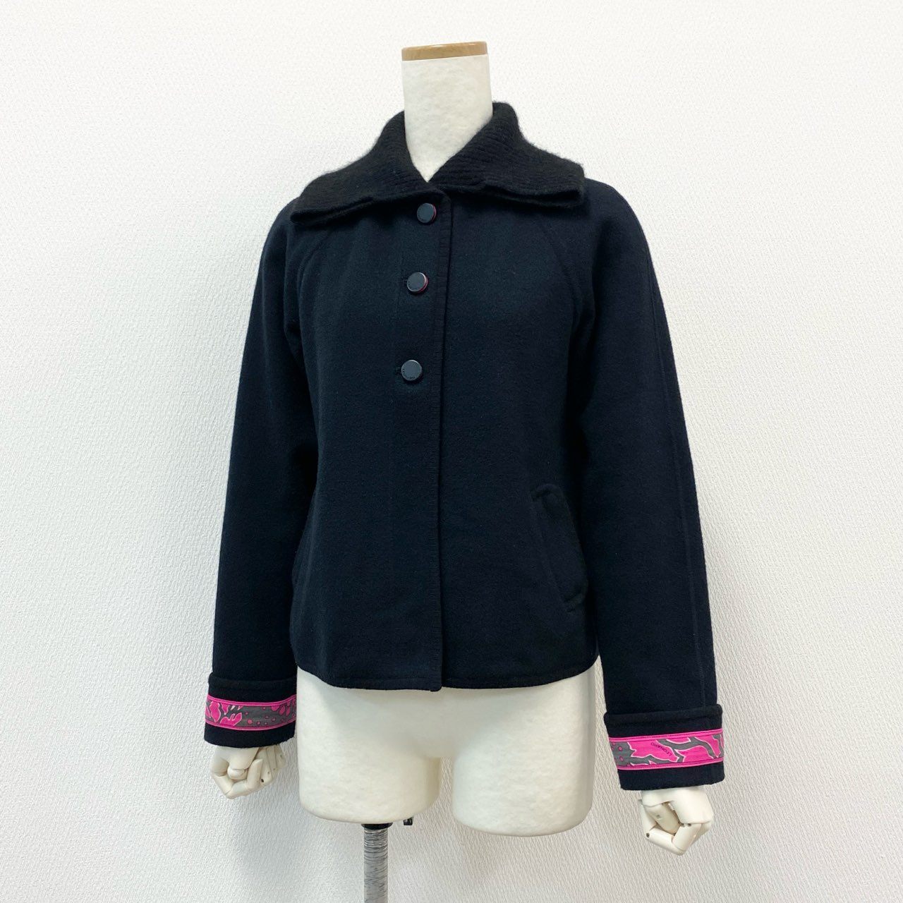 2f6 LEONARD FASHION レオナール ファッション ハイネック ウールジャケット 日本製 プリント 2 ブラック ピンク