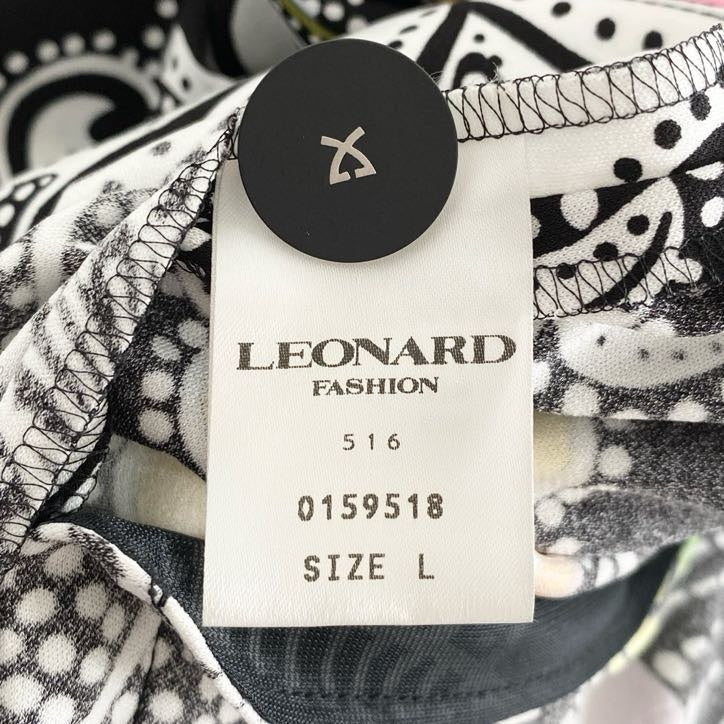 55i26 《美品》 LEONARD レオナール カンカン素地 薄手ノーカラージャケット カーディガン 羽織り 美しいプリント 0159518 サイズL マルチカラー レディース 日本製
