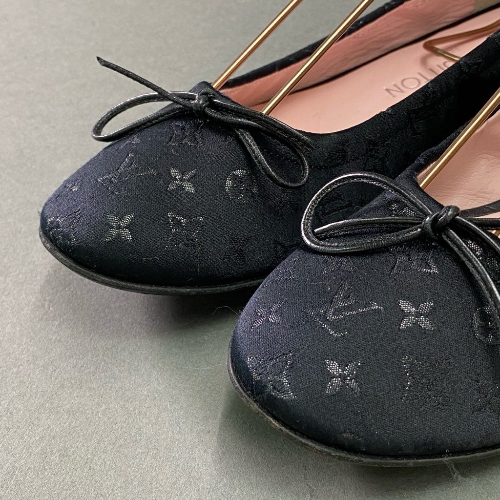 5e10 LOUIS VUITTON ルイヴィトン バレエシューズ フラットシューズ パンプス モノグラムサテン リボン サイズ36.5 ブラック レディース