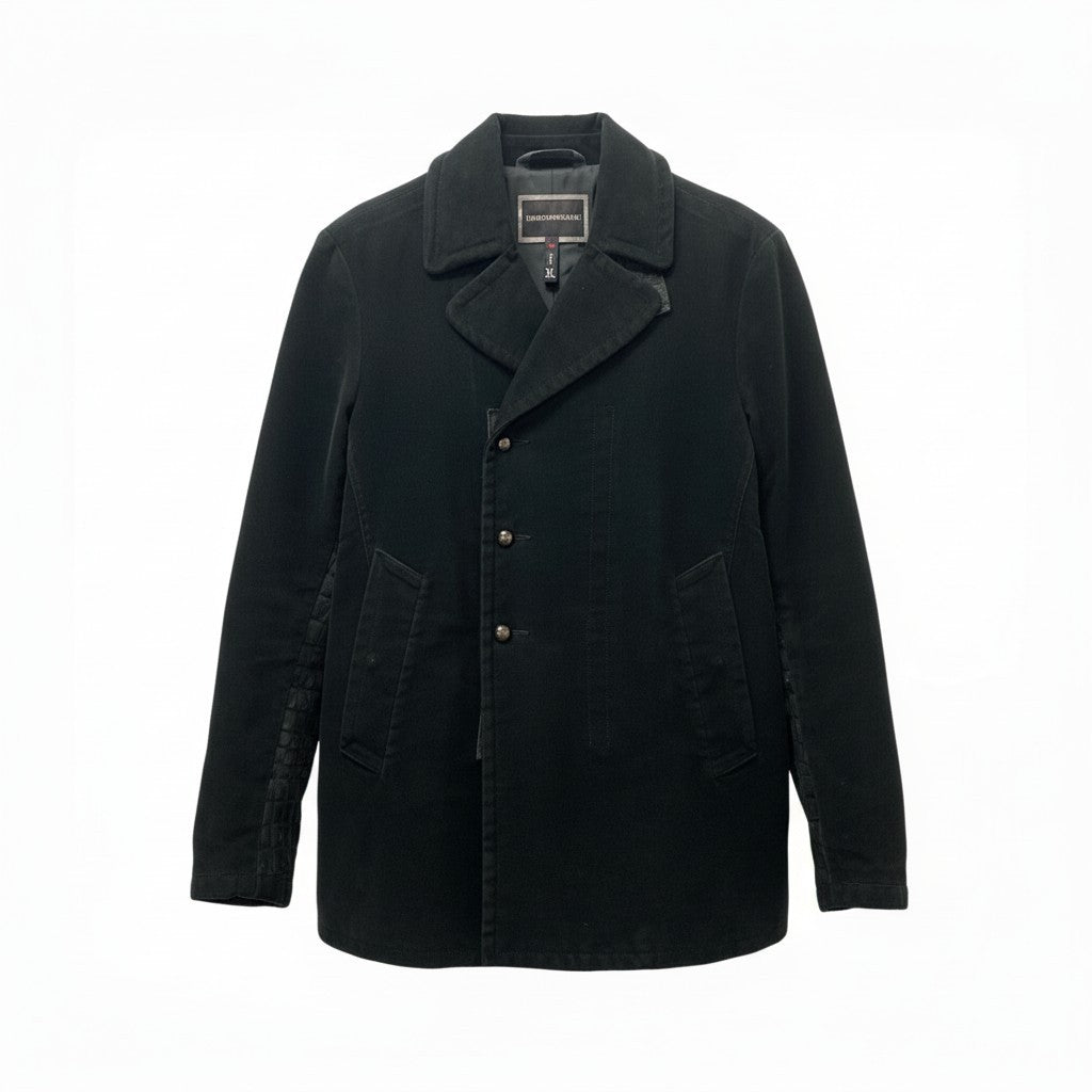 51c13 EMPORIO ARMANI エンポリオアルマーニ ハラコ切替 チェスターコート アウター XL ブラック メンズu02t 51c13 EMPORIO ARMANI エンポリオアルマーニ ハラコ切替 チェスター