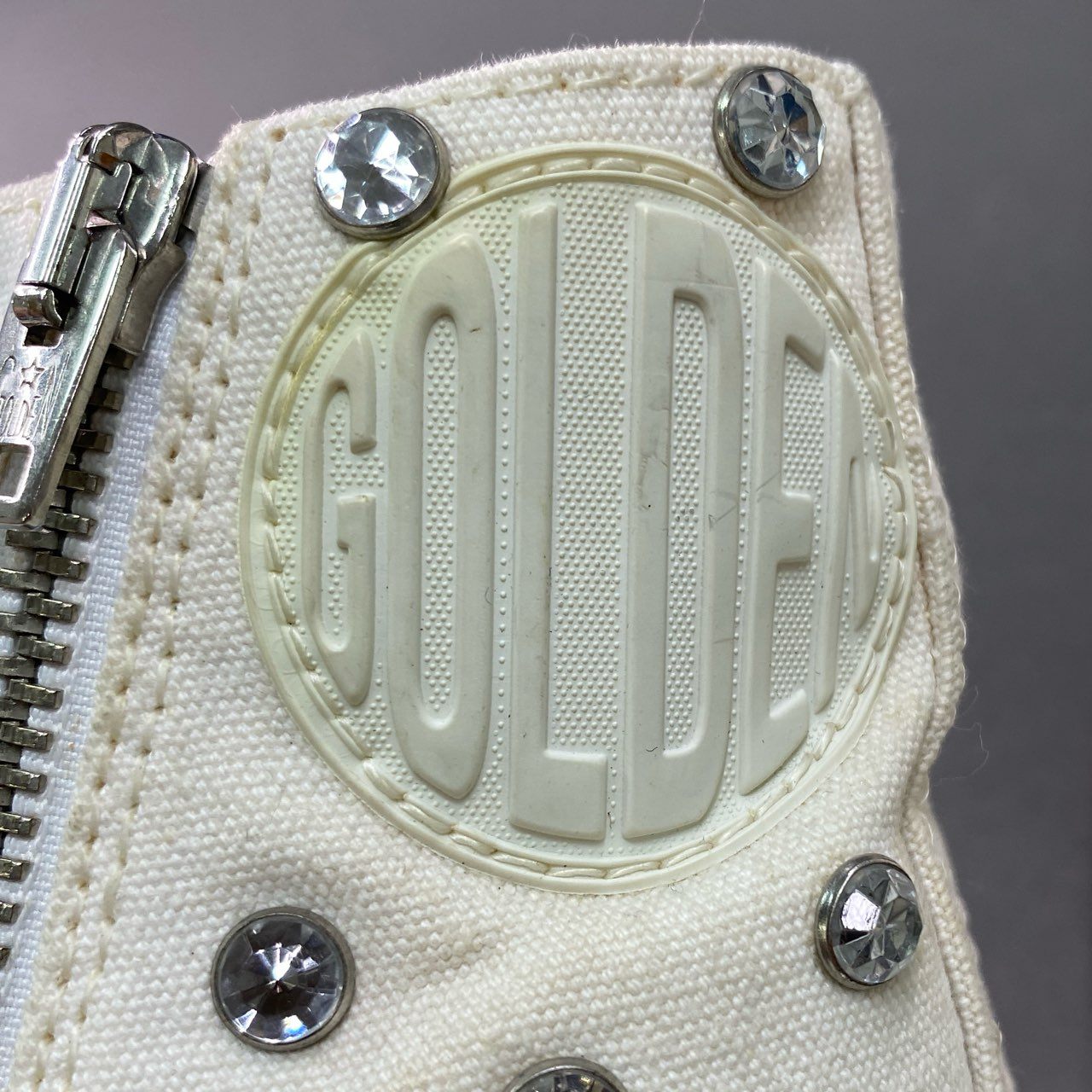 3g9 GOLDEN GOOSE ゴールデングース ヴィンテージ加工 ビジュークリスタル ハイカットスニーカー 37 ホワイト レザー ダメージ加工 Vintage シューズ