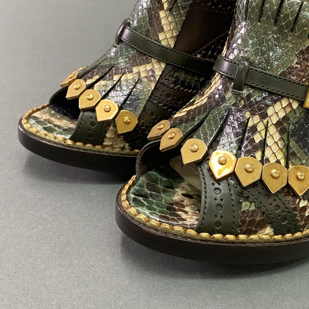 7d7 Christian Dior クリスチャンディオール Snakeskin Pumps 蛇革 パンプス オープントゥ ベルト付き ストラップベルト イタリア製 37 1/2 ブラウン グリーン