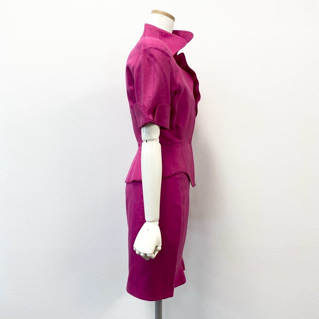 63d8-6 Thierry mugler ティエリー ミューグレー 半袖ジャケット/スカート スーツ セットアップ 変形デザイン サイズ7AR/60-88 ピンク レーヨン リネン レディース 日本製