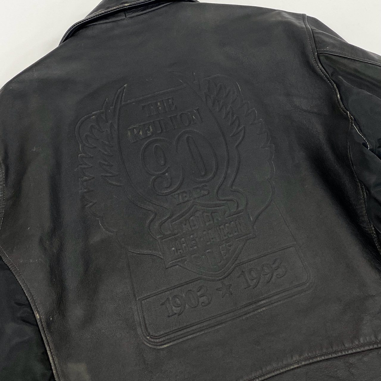 67g24 HARLEY DAVIDSON ハーレーダビッドソン 90周年記念 ダブルライダースjケット レザー ロゴ刺繍 M ブラック 牛革 メンズ_