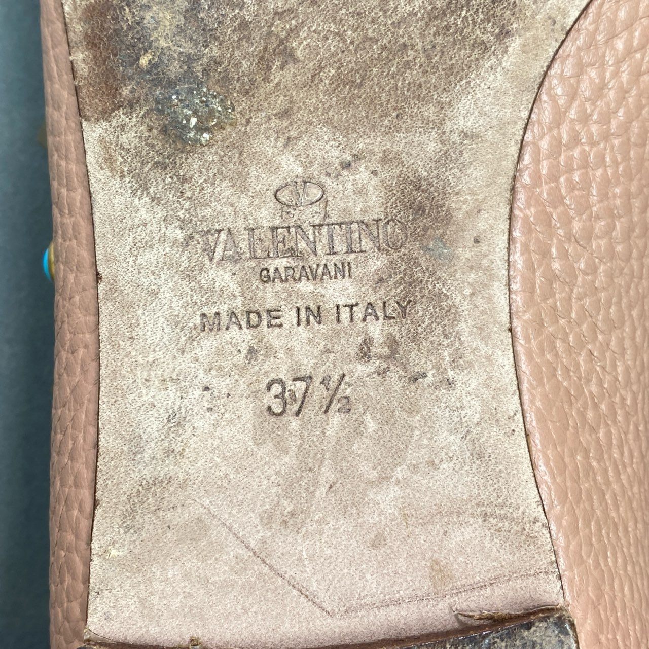 5c21 VALENTINO GARAVANI ヴァレンティノ ガラヴァーニ ゴールドスタッズ × ターコイズ ストラップ フラットシューズ 37 1/2 ピンク レザー シューズ イタリア製