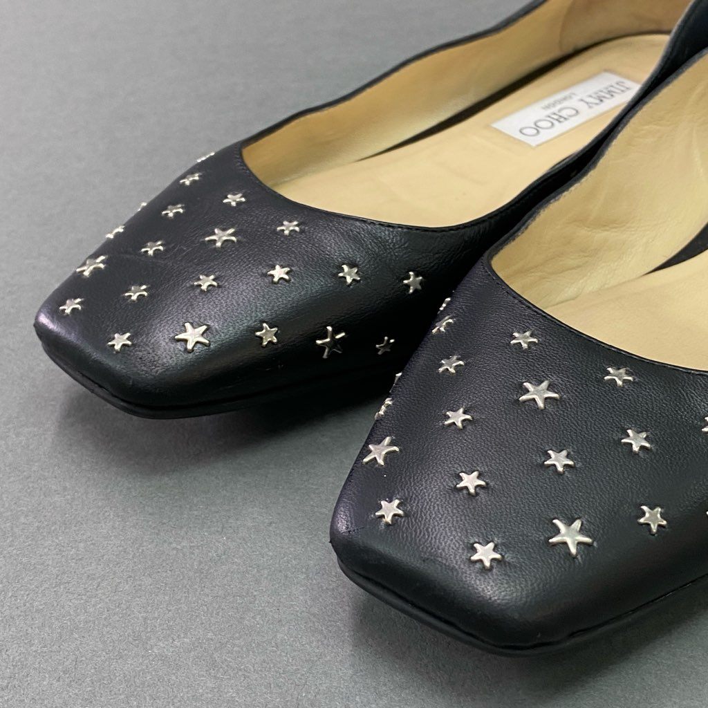 7d7 JIMMY CHOO ジミーチュウ スタースタッズ フラットシューズ パンプス JCロゴ レザーパンプス 星柄 スクエアトゥ 38 ブラック