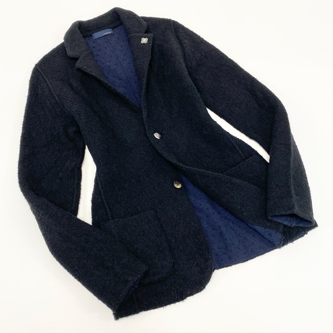 53e23 【イタリア製】LARDINI ラルディーニ ピリング加工 2B ニットジャケット テーラードジャケット ブートニエール付き サイズS ブラック メンズ 男性用 ブレザー ドレス