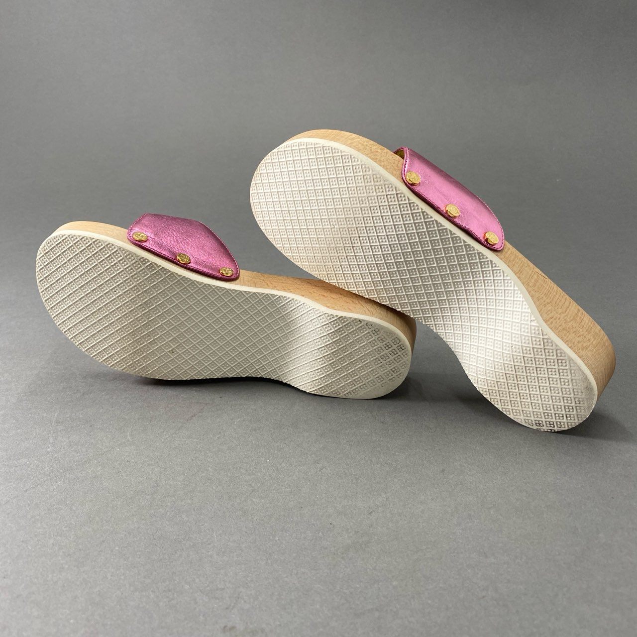3f17 CELINE セリーヌ × Dr Scholl ドクターショール コラボ マカダム ゴールドバックル ウッドソールサンダル 37 ピンク レザー シューズ