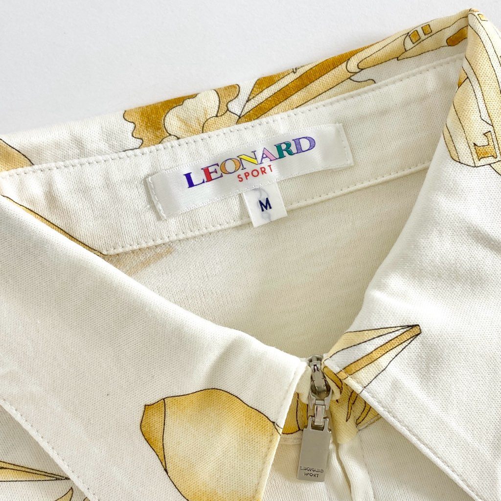 11e8 LEONARD SPORT レオナール スポーツ 7分袖 襟付きカットソー ポロシャツ 前開き シャツ 美しい花柄プリント サイズM ホワイト コットン100% レディース 日本製