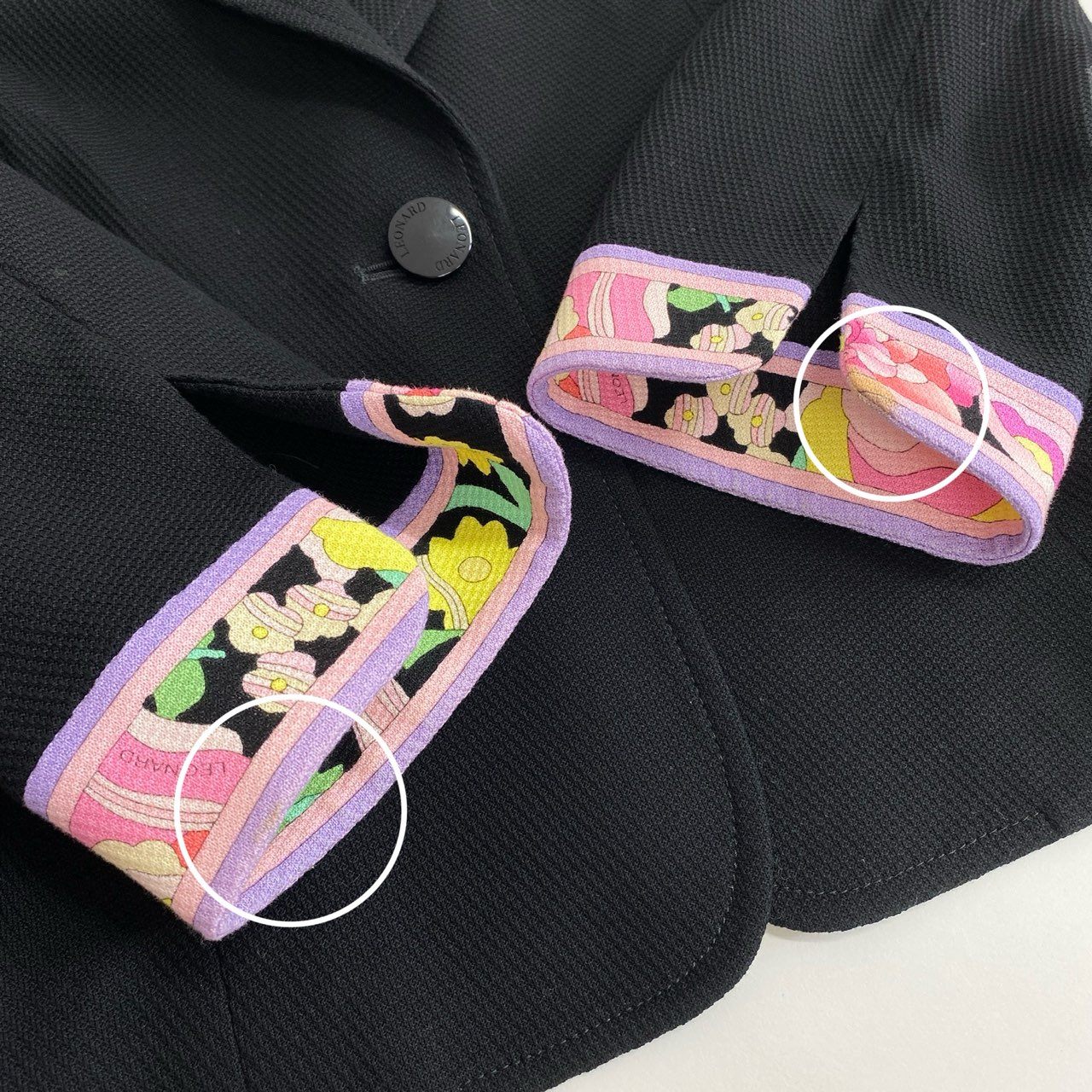 2f14-1 《美品》 LEONARD FASHION レオナール テーラードジャケット ブレザー コットンピケ 美しい花柄プリント切替 0351261 サイズ13AR ブラック コットン100% レディース