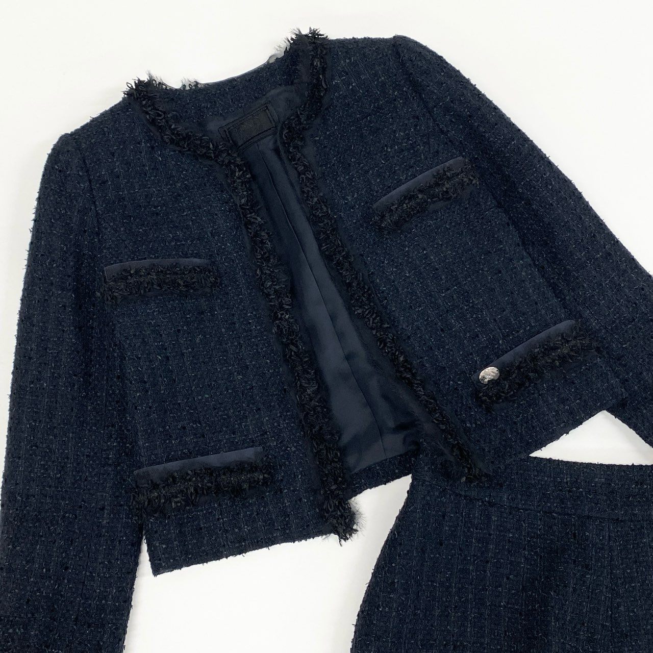76a14 《美品》 FOXEY フォクシー クラシックツイード セットアップ ノーカラージャケット スカート 35283 38 ミッドナイトブルー セレモニー 日本製 結婚式