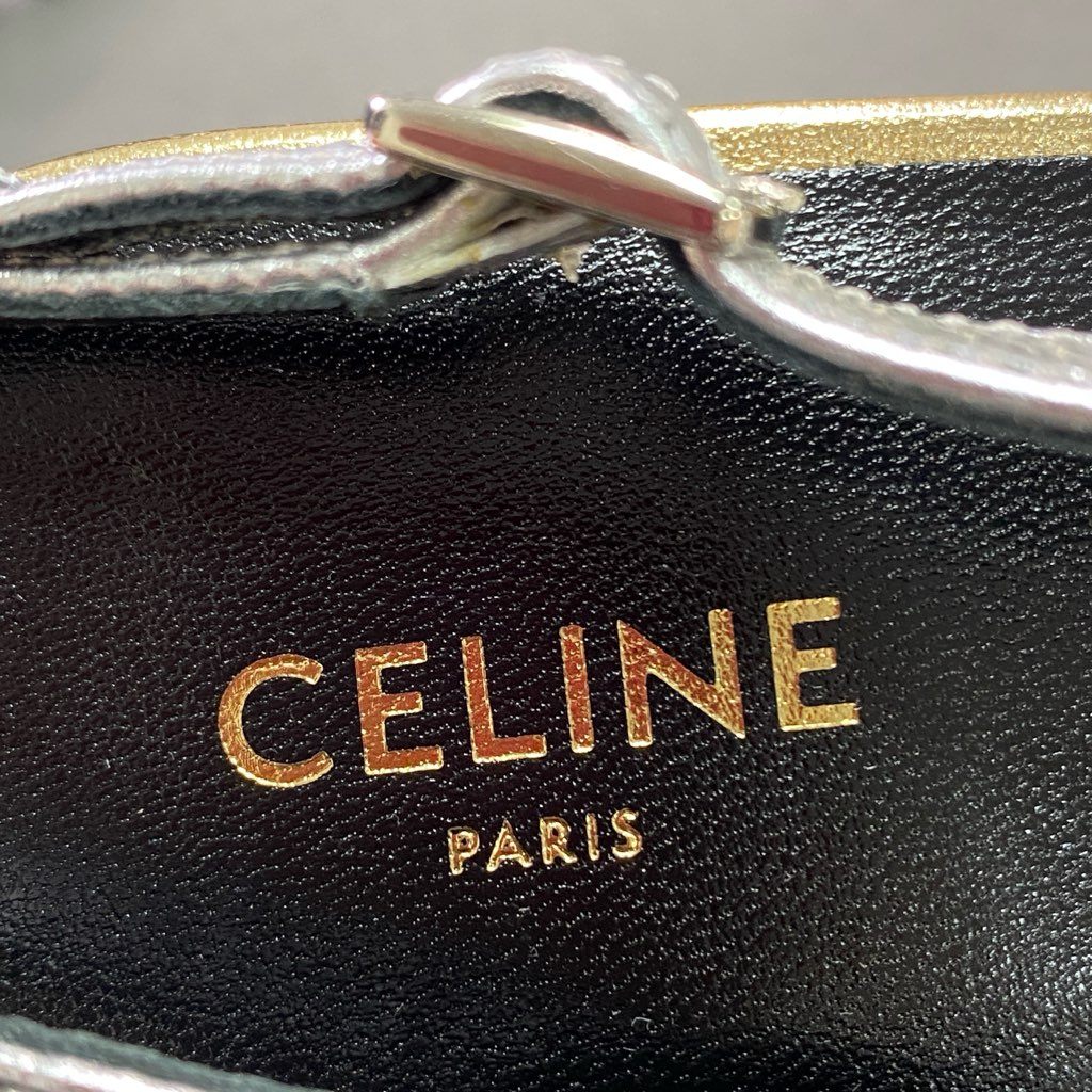 3d5 CELINE セリーヌ スリングバック ローヒール サンダル パンプス グラディエーター 35 ゴールド シルバー