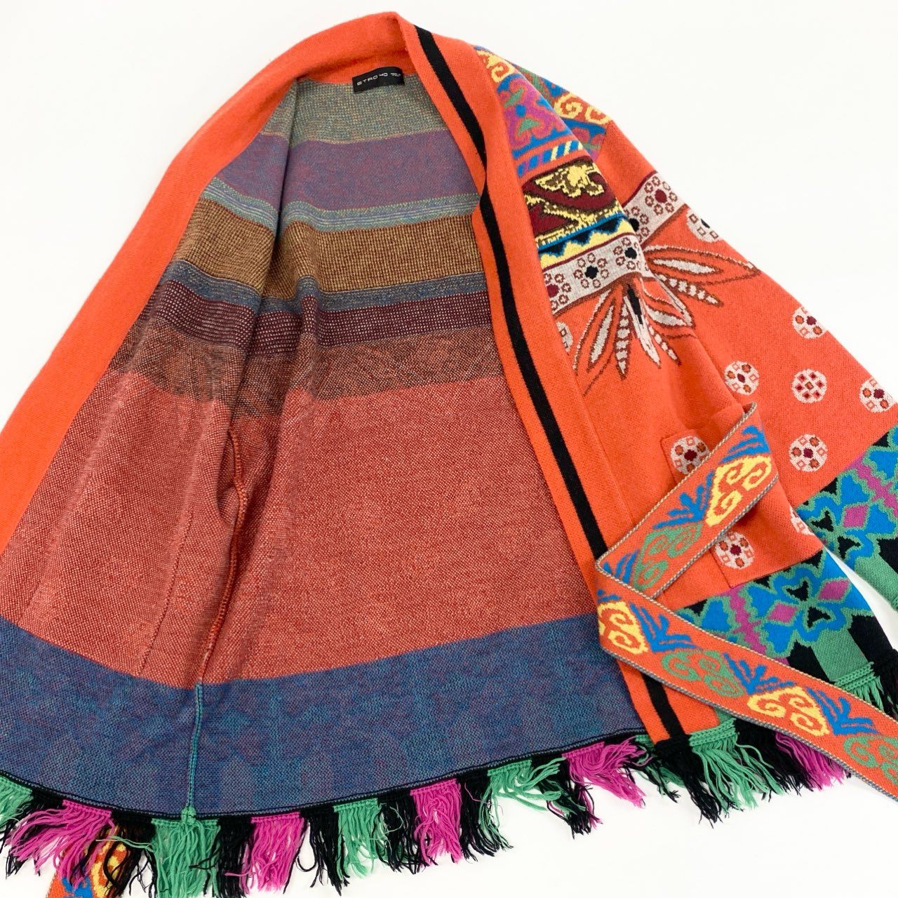 75f24 ETRO エトロ ベルテッドカーディガン ニットカーディガン フリンジ 総柄 サイズ40 マルチカラー レディース イタリア製