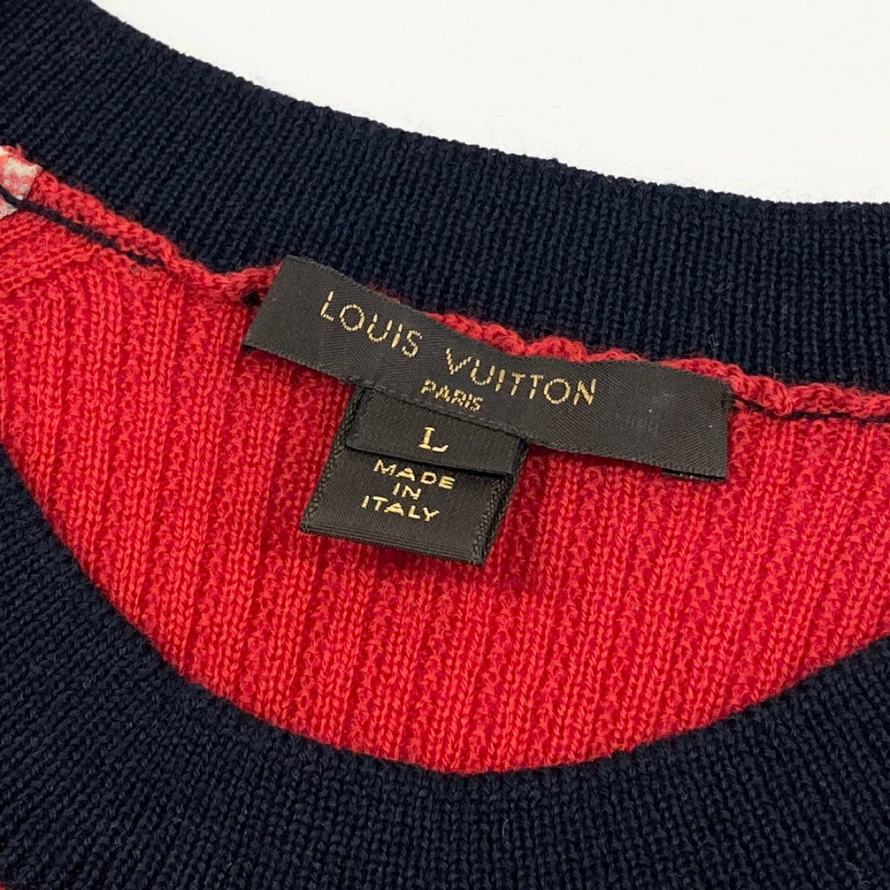 39d28 LOUIS VUITTON ルイヴィトン シルク切替 ノースリーブニットワンピース 総柄プリント ドレス イタリア製 Lサイズ レッド ウール シルク