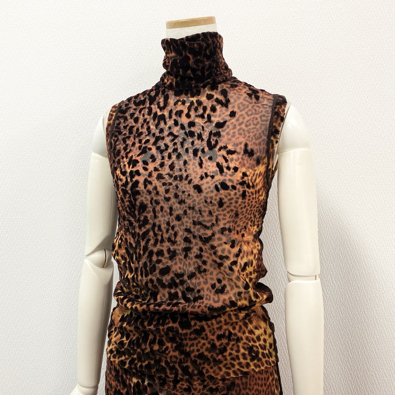 75f24 Jean Paul Gaultier ジャンポールゴルチエ パワーネット フロッキー レオパードプリント カットソー スカート セットアップ イタリア製 Lサイズ ブラウン系