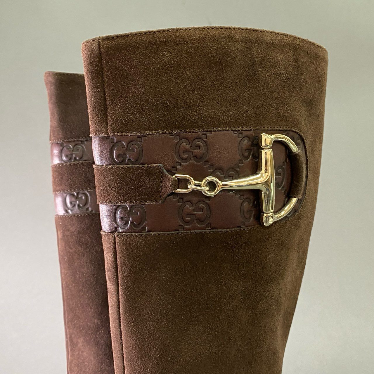 1l18 GUCCI グッチ ホースビット スエードレザー ロングブーツ 35 1/2 ブラウン Leather イタリア製 サイドジップ シューズ 冬