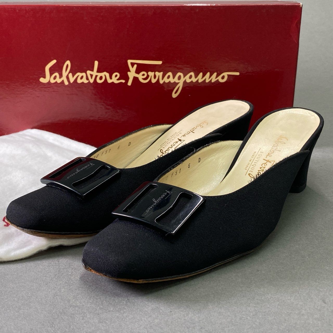 5d15 Salvatore Ferragamo サルヴァトーレ フェラガモ NONA ミュールパンプス 6 ブラック VARA ヴァラ シューズ イタリア製 サンダル 箱付き
