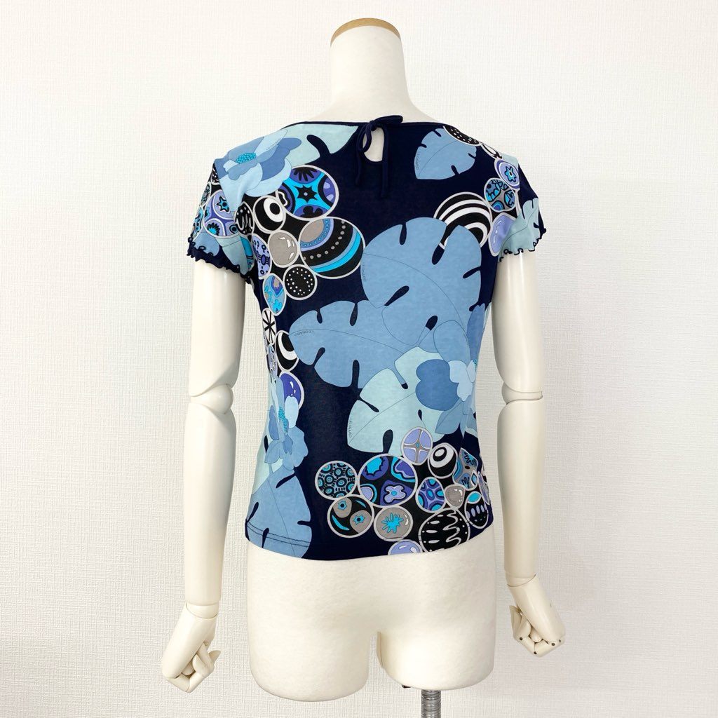 59e20 LEONARD SPORT レオナール スポーツ 半袖Tシャツ カットソー トップス 伸縮ストレッチ素材 サイズ38 ブルー マルチカラー コットン100% レディース 日本製