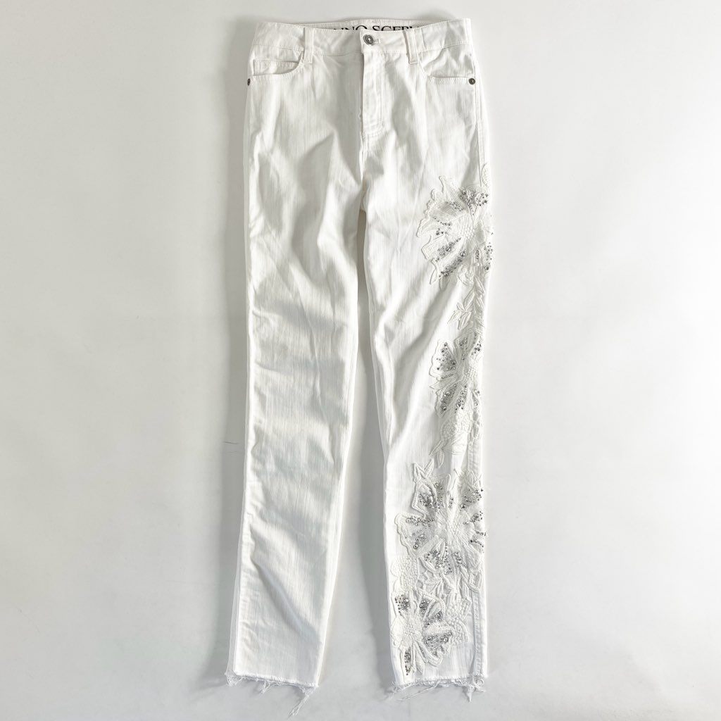 32d5 ERMANNO SCERVINO エルマンノ シャルヴィーノ ラインストーン付き フラワー刺繍 ストレッチスキニーパンツ 36 ホワイト イタリア製