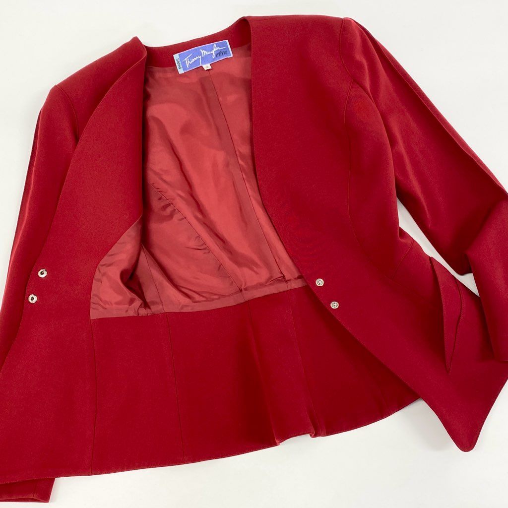 63d8-12 Thierry mugler ティエリー ミューグレー テーラードジャケット ノーカラージャケット 変形デザイン サイズ9 レッド ウール100% レディース