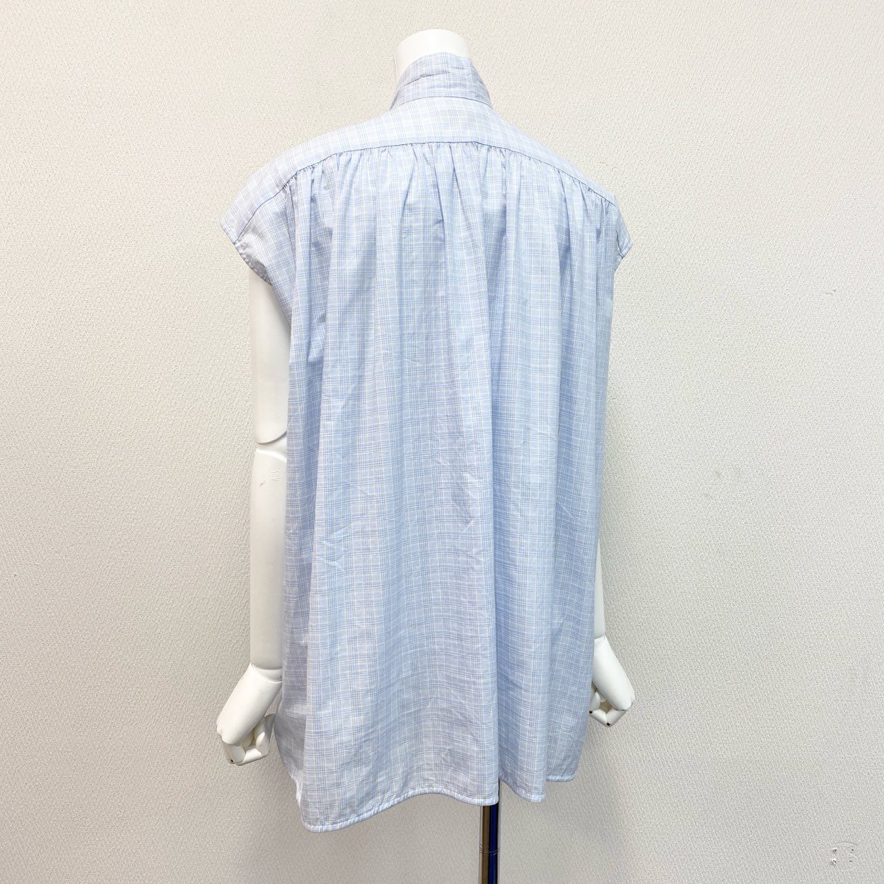 10j31 《美品》 Drawer ドゥロワー コットンチェックギャザーブラウス ノースリーブトップス 6521-299-0781 サイズ36 ライトブルー コットン100% レディース ユナイテッドアローズ 日本製