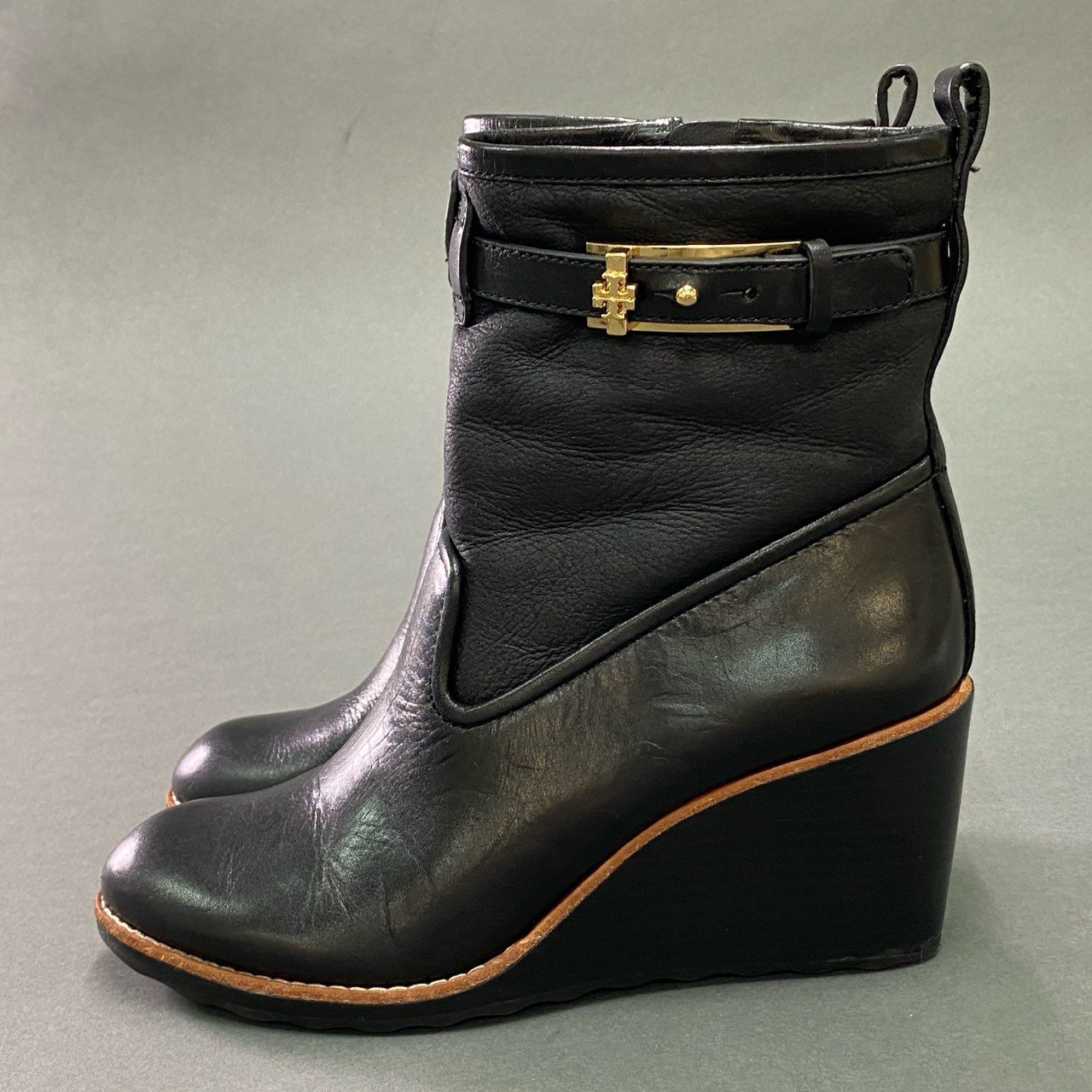 14c19 TORY BURCH トリーバーチ ムートンショートブーツ ウェッジソール 7 ブラック レザー シューズ 箱付き 冬